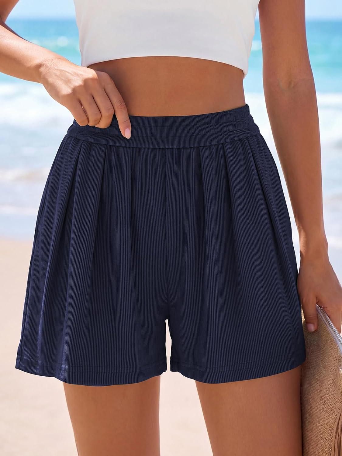 imagePRETTYGARDEN Flowy Summer Shorts for Women High Waisted Wide Leg Knitted Wide Leg Soft Pajama Shorts Women Vacation OutfitsNavy Blue