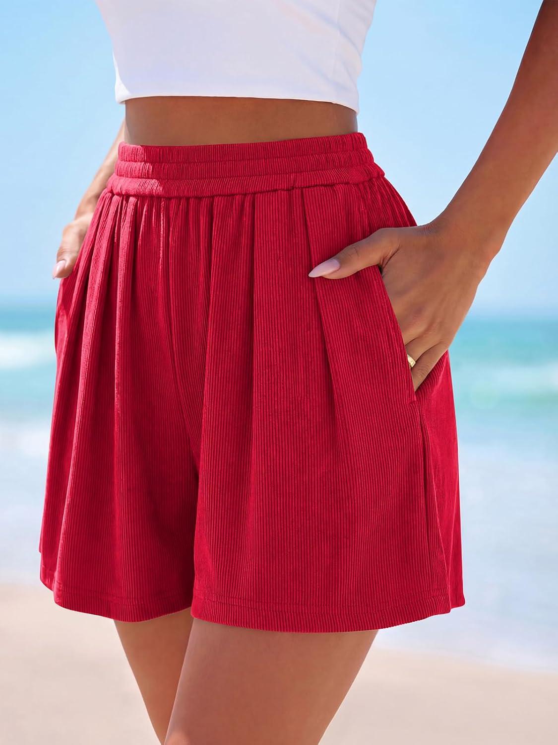 imagePRETTYGARDEN Flowy Summer Shorts for Women High Waisted Wide Leg Knitted Wide Leg Soft Pajama Shorts Women Vacation OutfitsRed