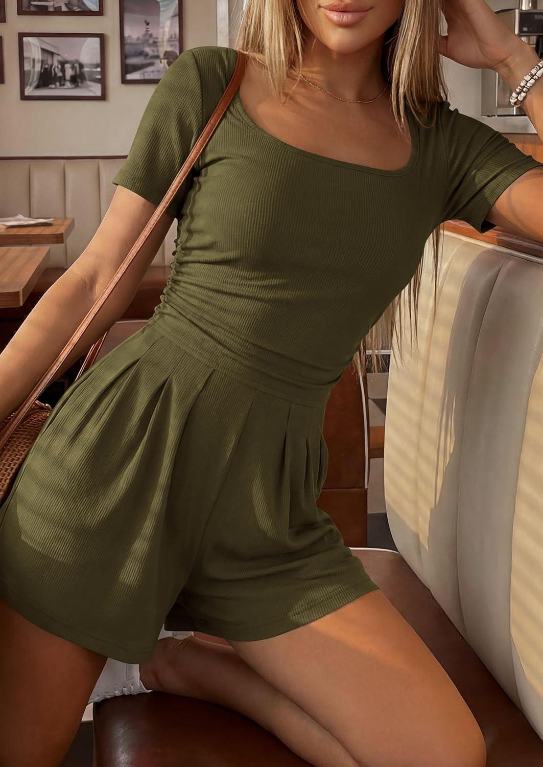 imagePRETTYGARDEN Summer Rompers For Women 2026 Short Sleeve Shirt Knit Shorts One Piece Jumpsuit Casual Beach Vacation ClothesArmy Green