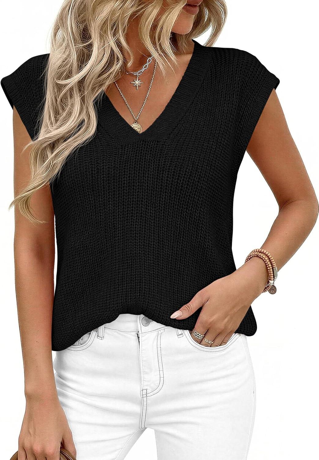 imagePRETTYGARDEN Womens 2026 Lightweight Sweaters Vest Spring Trendy Cap Sleeve V Neck Knit Tank Tops Summer Going Out OutfitsBlack