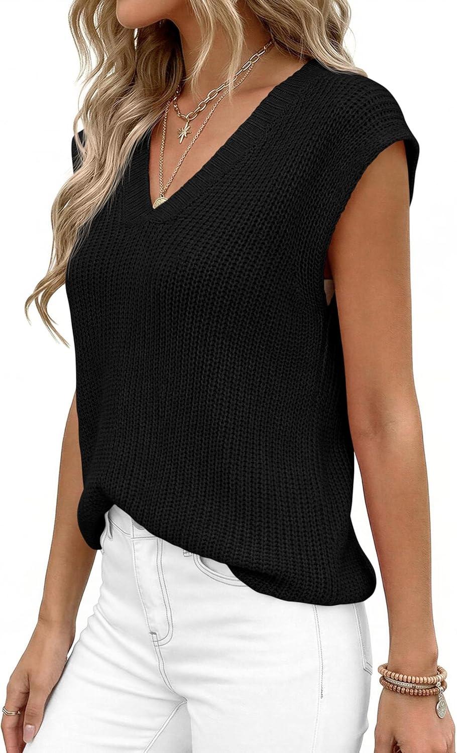 imagePRETTYGARDEN Womens 2026 Lightweight Sweaters Vest Spring Trendy Cap Sleeve V Neck Knit Tank Tops Summer Going Out OutfitsBlack