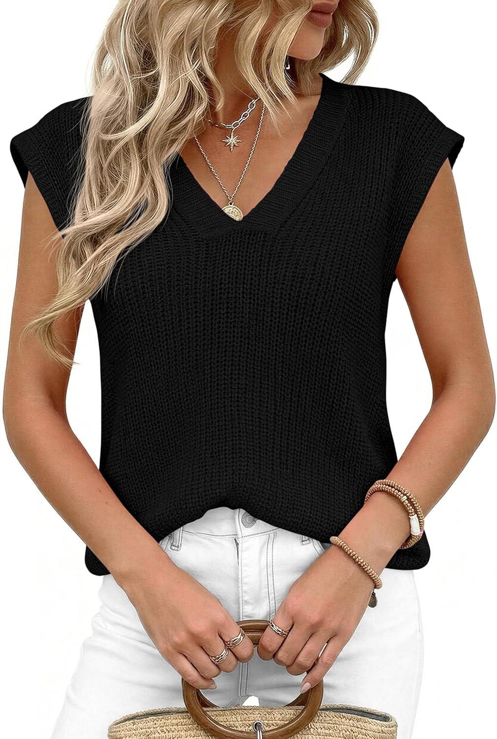 imagePRETTYGARDEN Womens 2026 Lightweight Sweaters Vest Spring Trendy Cap Sleeve V Neck Knit Tank Tops Summer Going Out OutfitsBlack