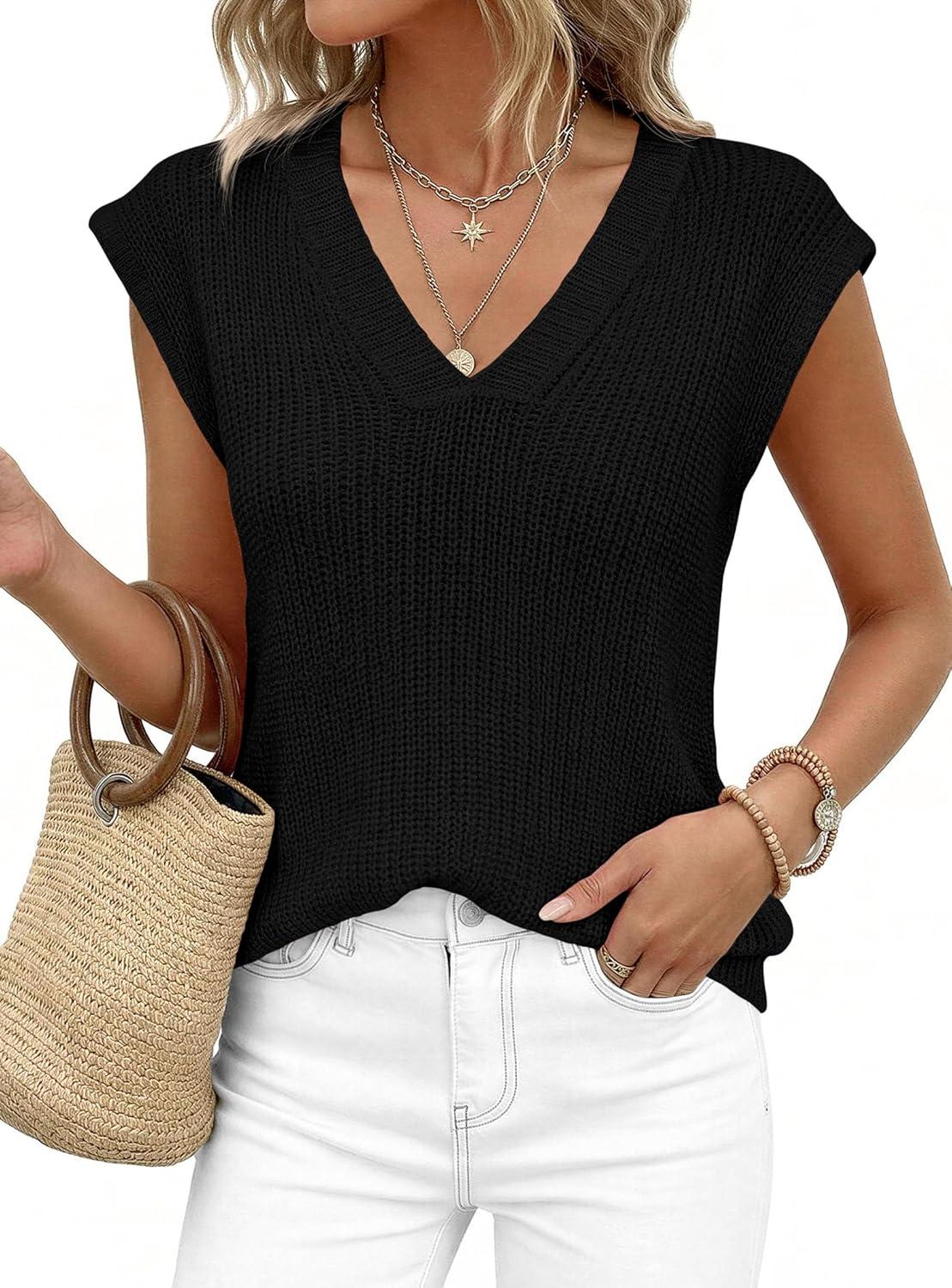 imagePRETTYGARDEN Womens 2026 Lightweight Sweaters Vest Spring Trendy Cap Sleeve V Neck Knit Tank Tops Summer Going Out OutfitsBlack