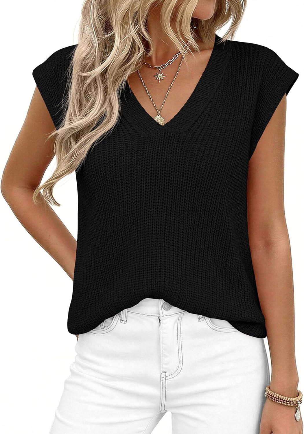 imagePRETTYGARDEN Womens 2026 Lightweight Sweaters Vest Spring Trendy Cap Sleeve V Neck Knit Tank Tops Summer Going Out OutfitsBlack
