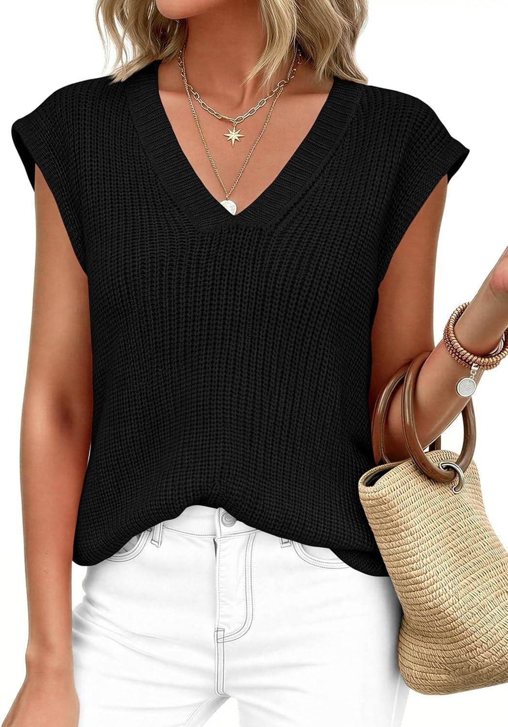 imagePRETTYGARDEN Womens 2026 Lightweight Sweaters Vest Spring Trendy Cap Sleeve V Neck Knit Tank Tops Summer Going Out OutfitsBlack