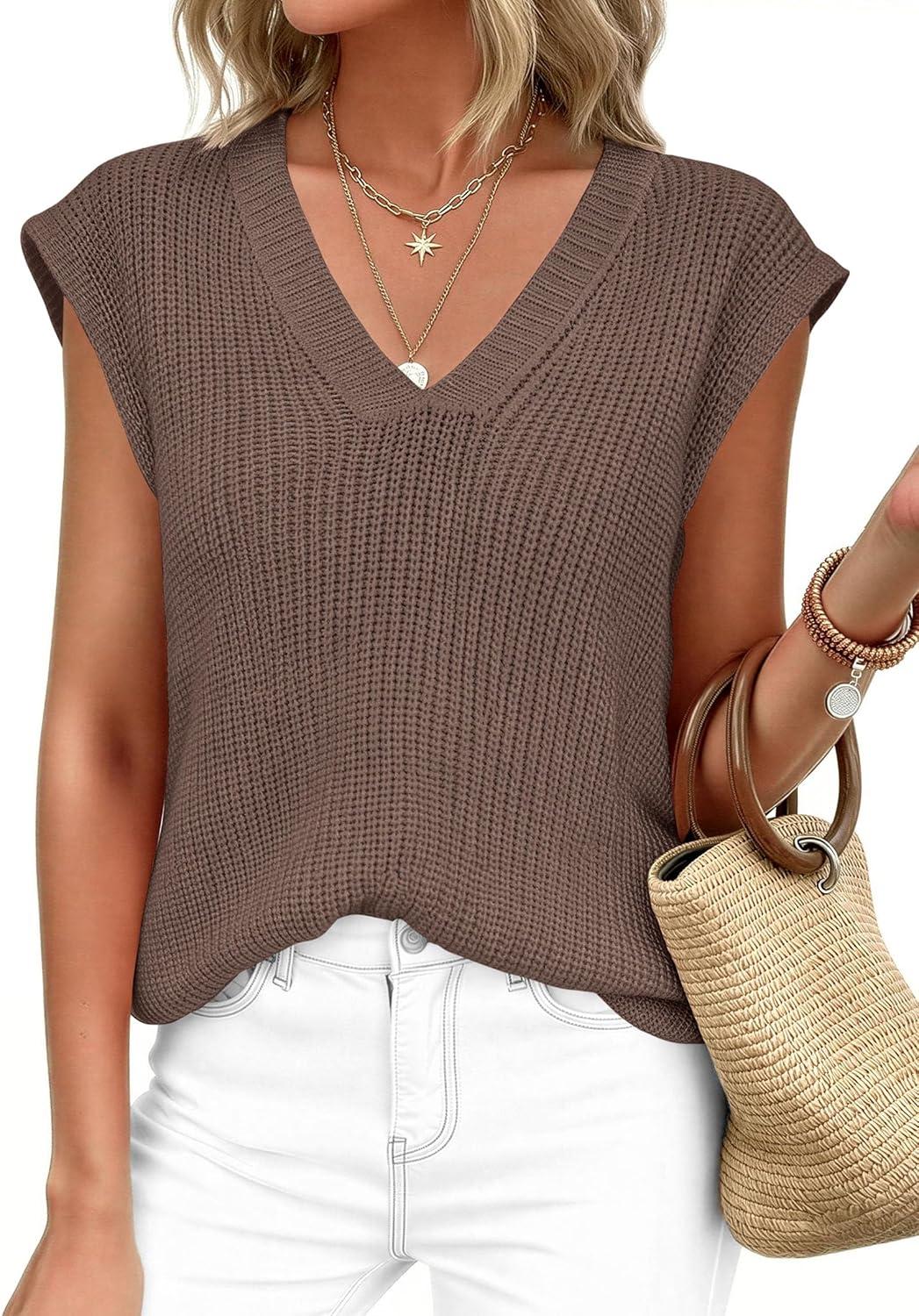 imagePRETTYGARDEN Womens 2026 Lightweight Sweaters Vest Spring Trendy Cap Sleeve V Neck Knit Tank Tops Summer Going Out OutfitsBrown