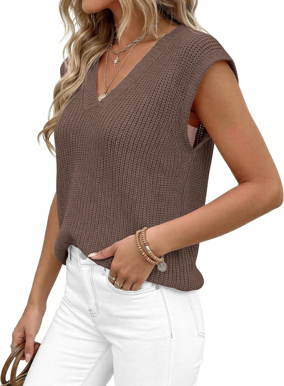imagePRETTYGARDEN Womens 2026 Lightweight Sweaters Vest Spring Trendy Cap Sleeve V Neck Knit Tank Tops Summer Going Out OutfitsBrown
