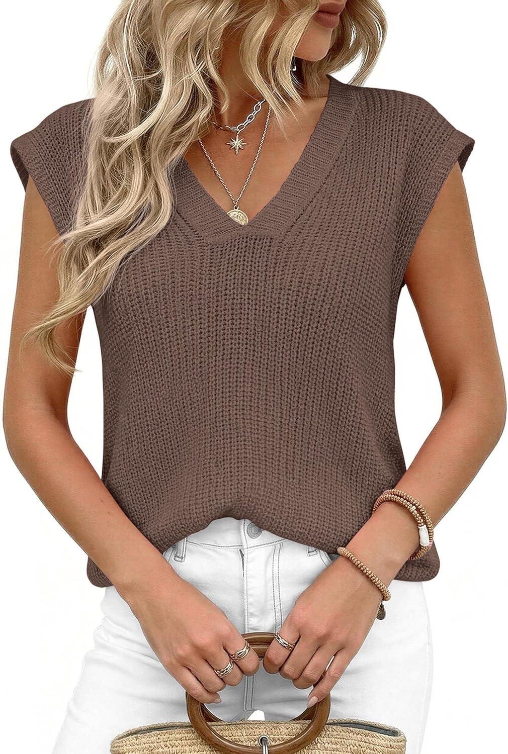 imagePRETTYGARDEN Womens 2026 Lightweight Sweaters Vest Spring Trendy Cap Sleeve V Neck Knit Tank Tops Summer Going Out OutfitsBrown