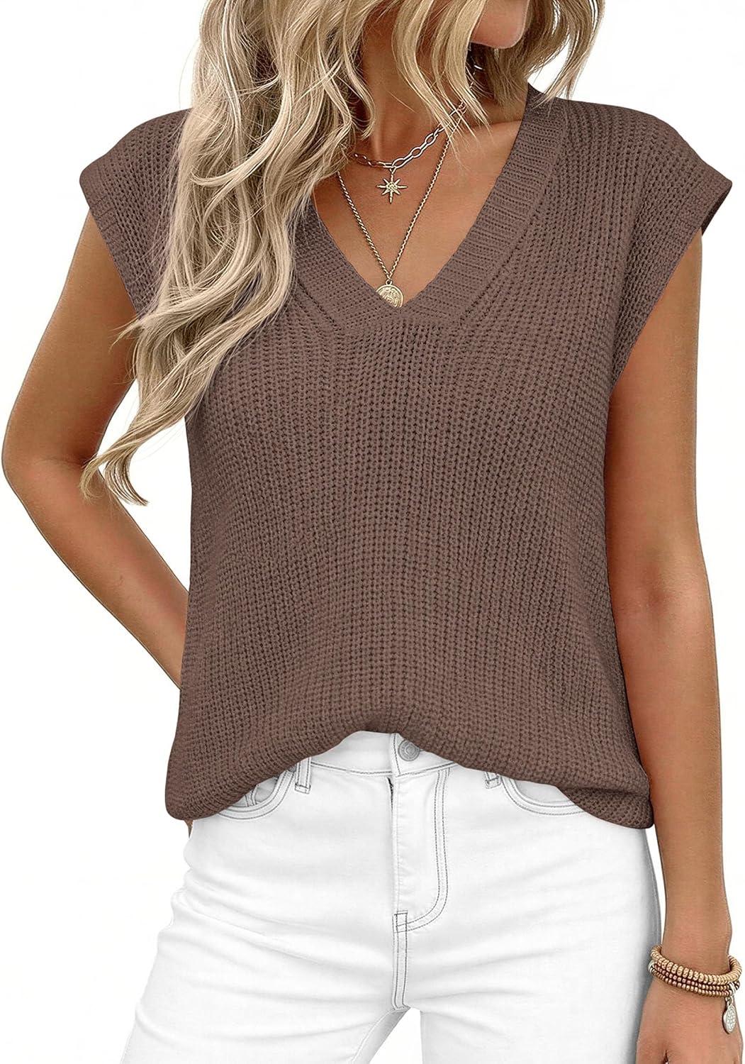 imagePRETTYGARDEN Womens 2026 Lightweight Sweaters Vest Spring Trendy Cap Sleeve V Neck Knit Tank Tops Summer Going Out OutfitsBrown