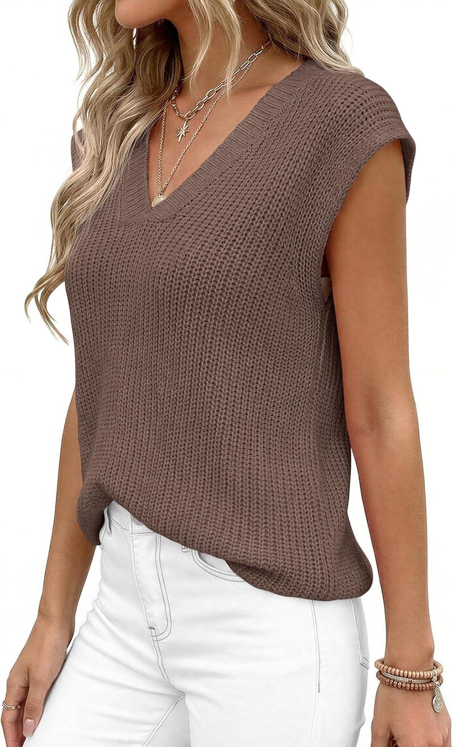 imagePRETTYGARDEN Womens 2026 Lightweight Sweaters Vest Spring Trendy Cap Sleeve V Neck Knit Tank Tops Summer Going Out OutfitsBrown