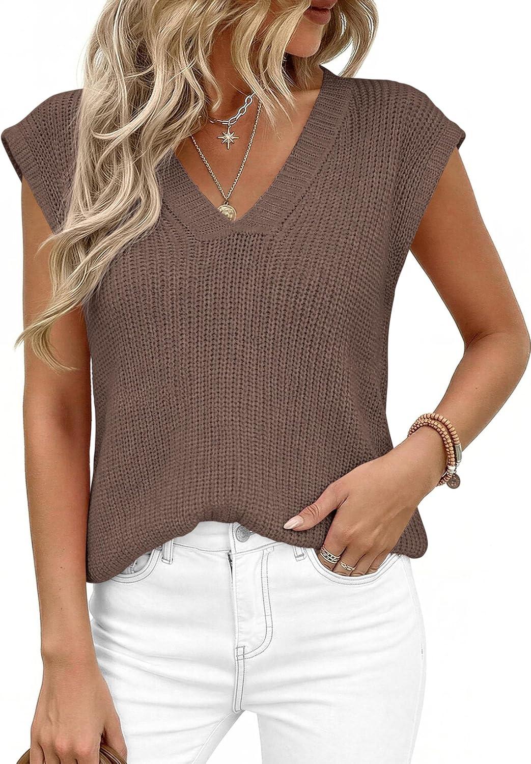 imagePRETTYGARDEN Womens 2026 Lightweight Sweaters Vest Spring Trendy Cap Sleeve V Neck Knit Tank Tops Summer Going Out OutfitsBrown