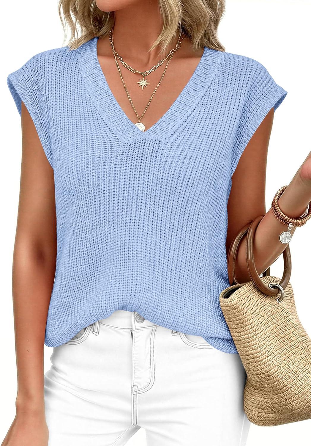 imagePRETTYGARDEN Womens 2026 Lightweight Sweaters Vest Spring Trendy Cap Sleeve V Neck Knit Tank Tops Summer Going Out OutfitsLight Blue