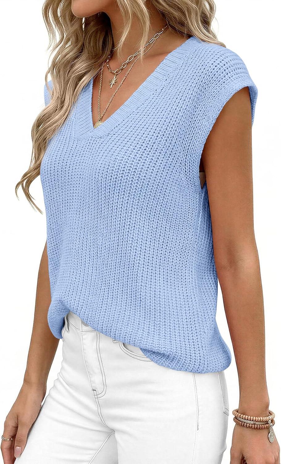imagePRETTYGARDEN Womens 2026 Lightweight Sweaters Vest Spring Trendy Cap Sleeve V Neck Knit Tank Tops Summer Going Out OutfitsLight Blue