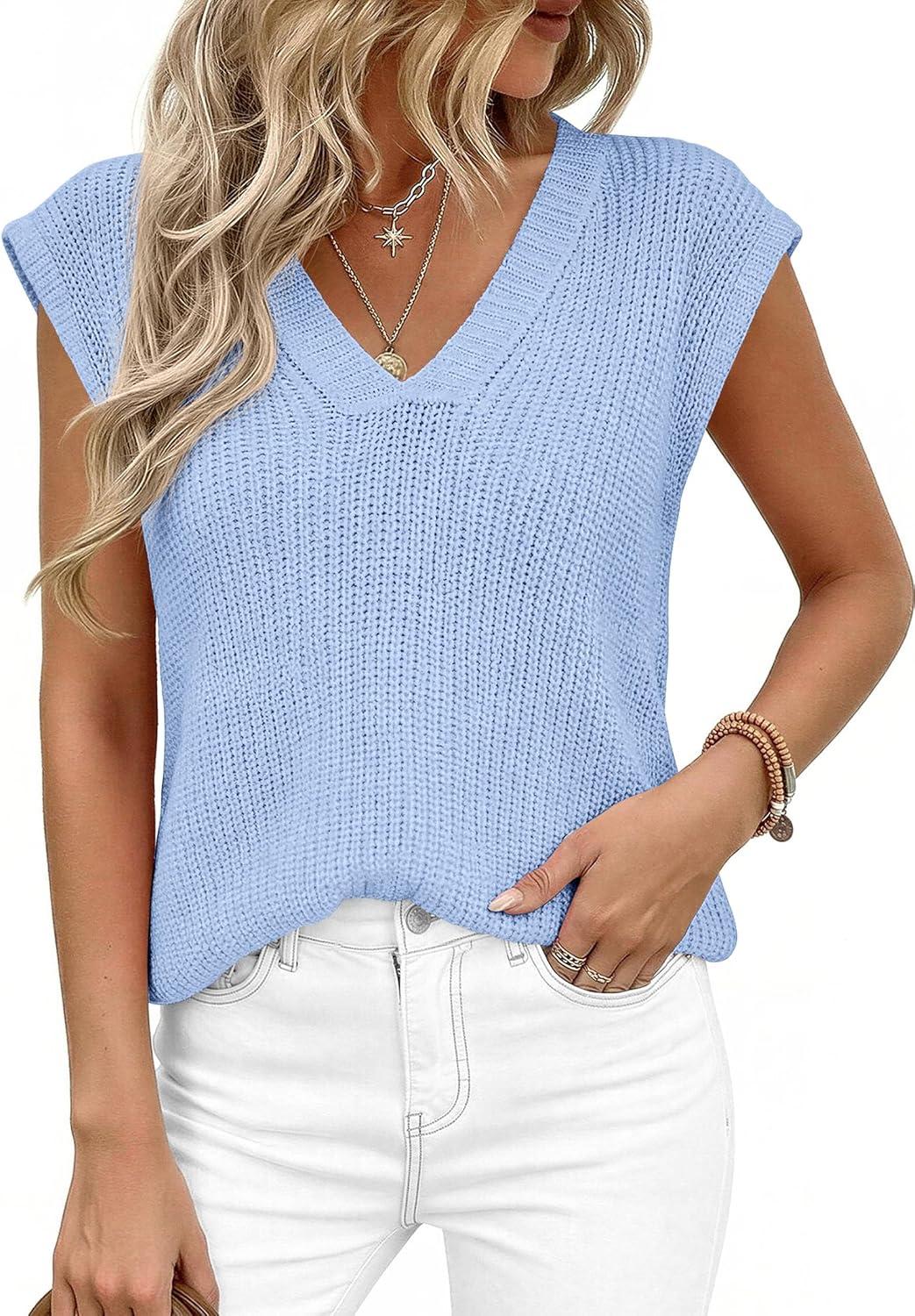 imagePRETTYGARDEN Womens 2026 Lightweight Sweaters Vest Spring Trendy Cap Sleeve V Neck Knit Tank Tops Summer Going Out OutfitsLight Blue