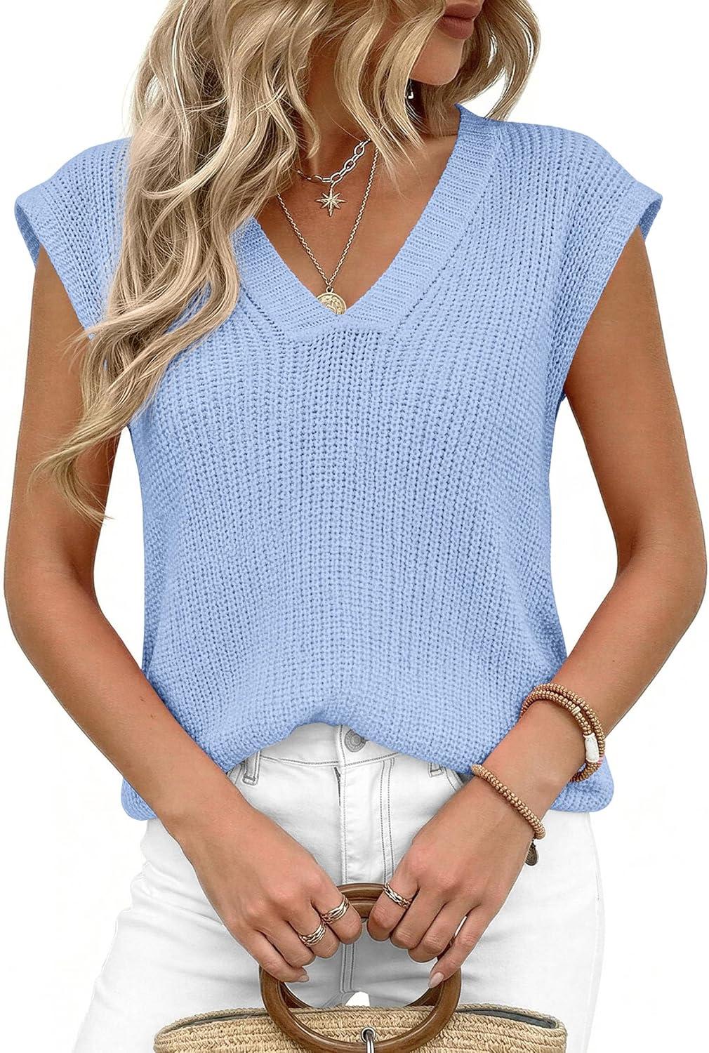imagePRETTYGARDEN Womens 2026 Lightweight Sweaters Vest Spring Trendy Cap Sleeve V Neck Knit Tank Tops Summer Going Out OutfitsLight Blue