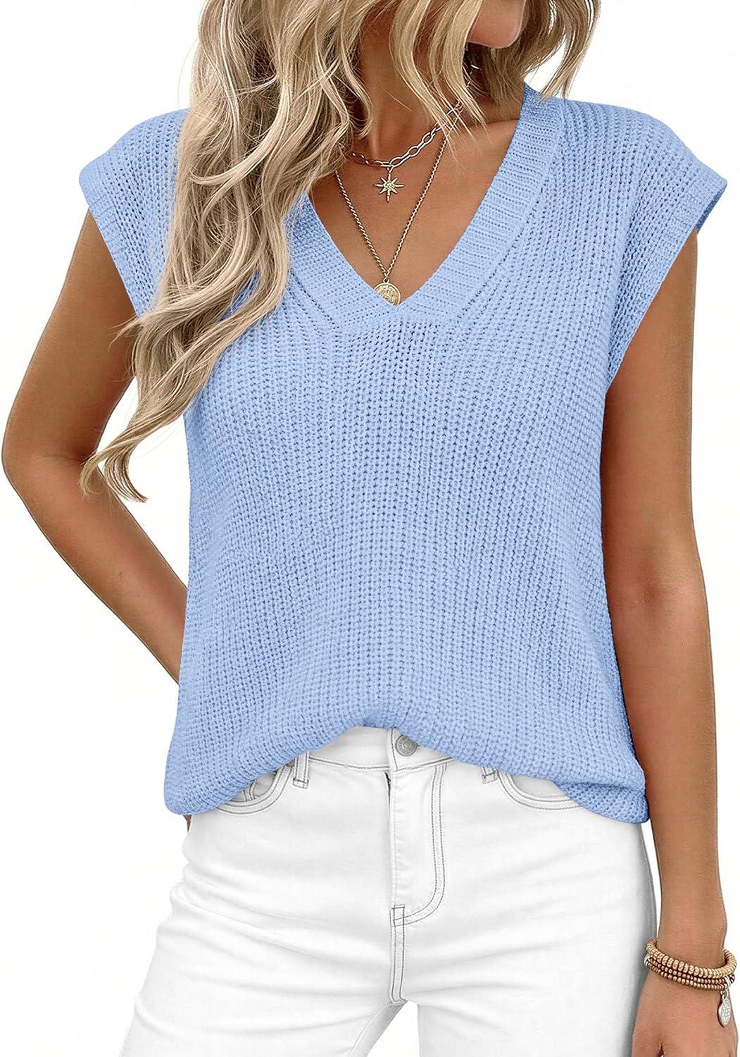 imagePRETTYGARDEN Womens 2026 Lightweight Sweaters Vest Spring Trendy Cap Sleeve V Neck Knit Tank Tops Summer Going Out OutfitsLight Blue
