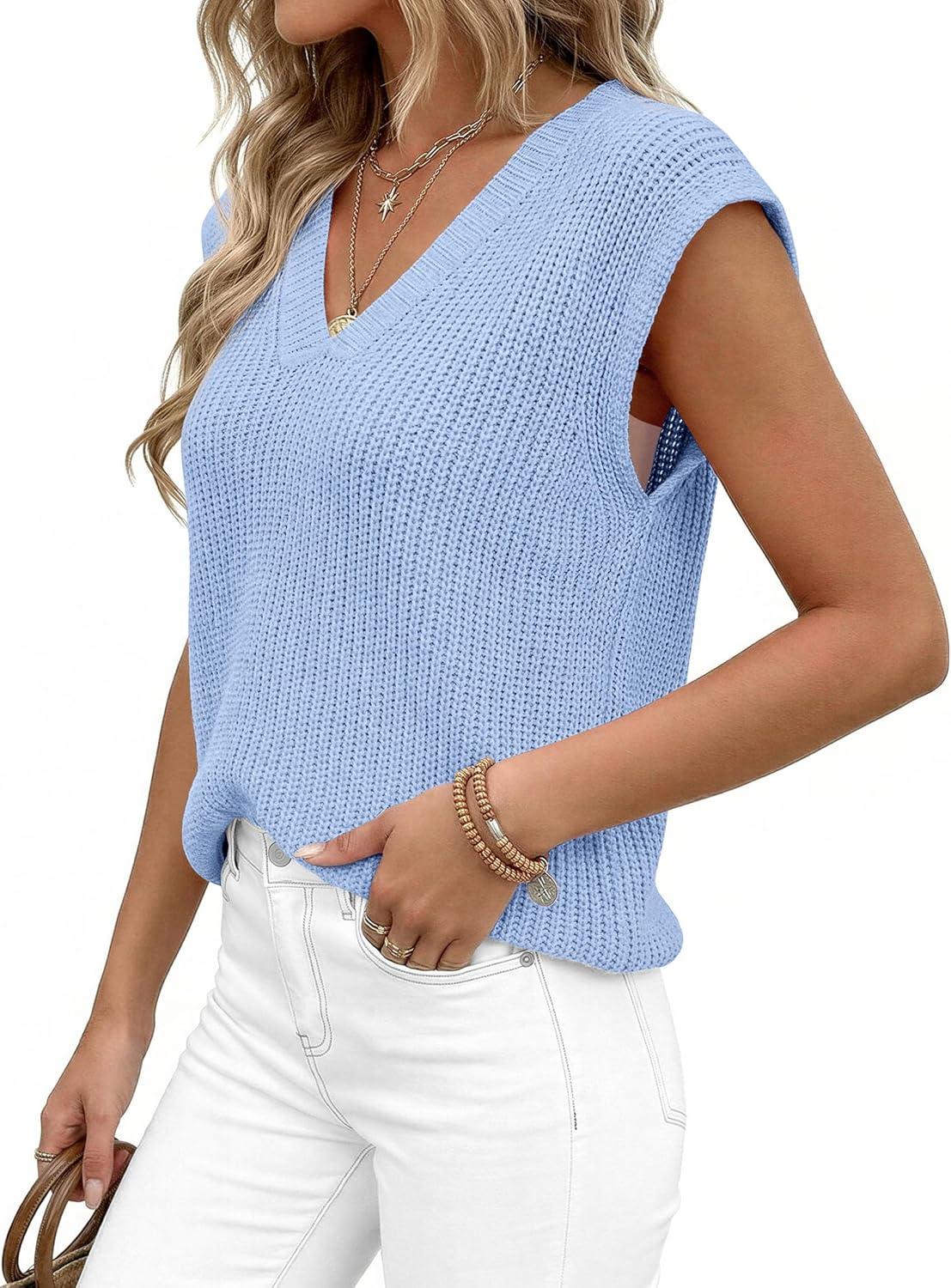 imagePRETTYGARDEN Womens 2026 Lightweight Sweaters Vest Spring Trendy Cap Sleeve V Neck Knit Tank Tops Summer Going Out OutfitsLight Blue
