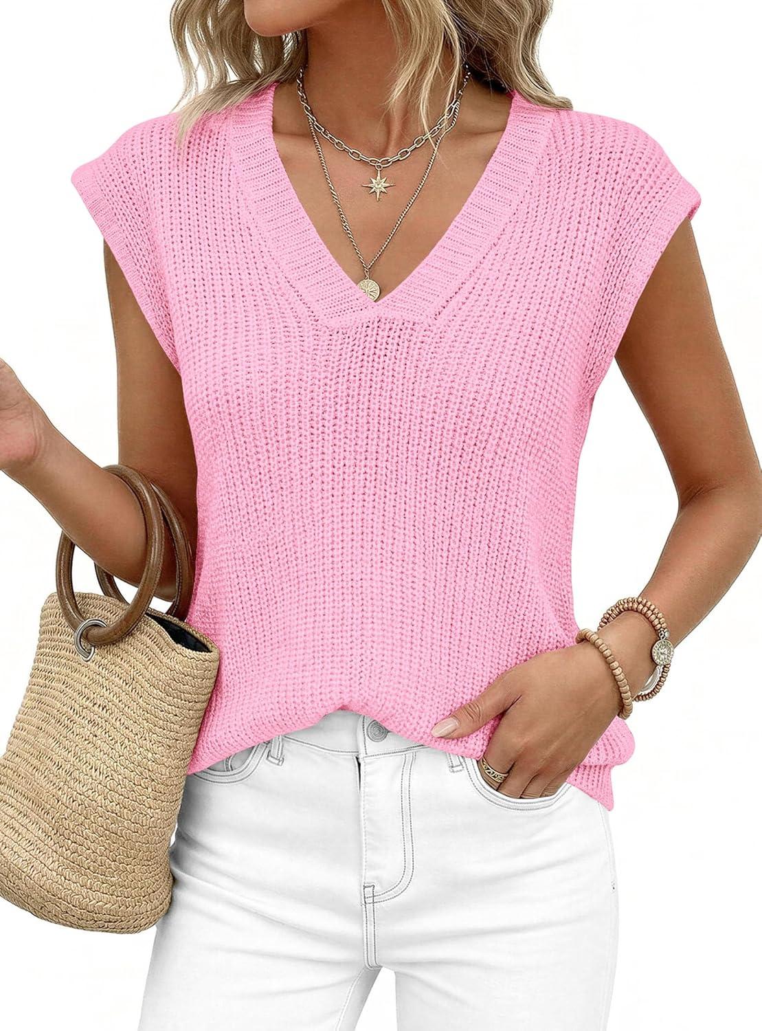 imagePRETTYGARDEN Womens 2026 Lightweight Sweaters Vest Spring Trendy Cap Sleeve V Neck Knit Tank Tops Summer Going Out OutfitsPink