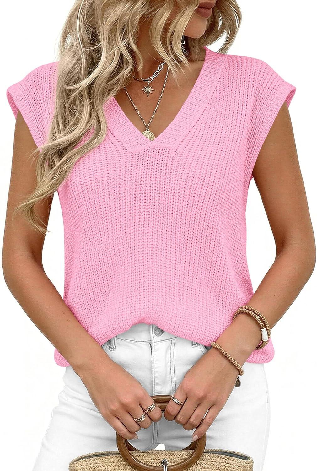 imagePRETTYGARDEN Womens 2026 Lightweight Sweaters Vest Spring Trendy Cap Sleeve V Neck Knit Tank Tops Summer Going Out OutfitsPink