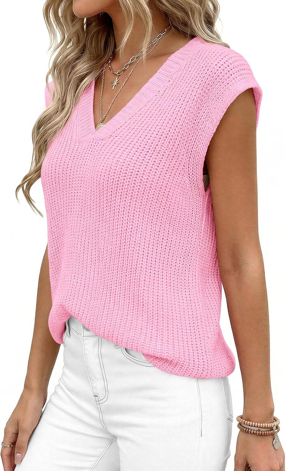 imagePRETTYGARDEN Womens 2026 Lightweight Sweaters Vest Spring Trendy Cap Sleeve V Neck Knit Tank Tops Summer Going Out OutfitsPink