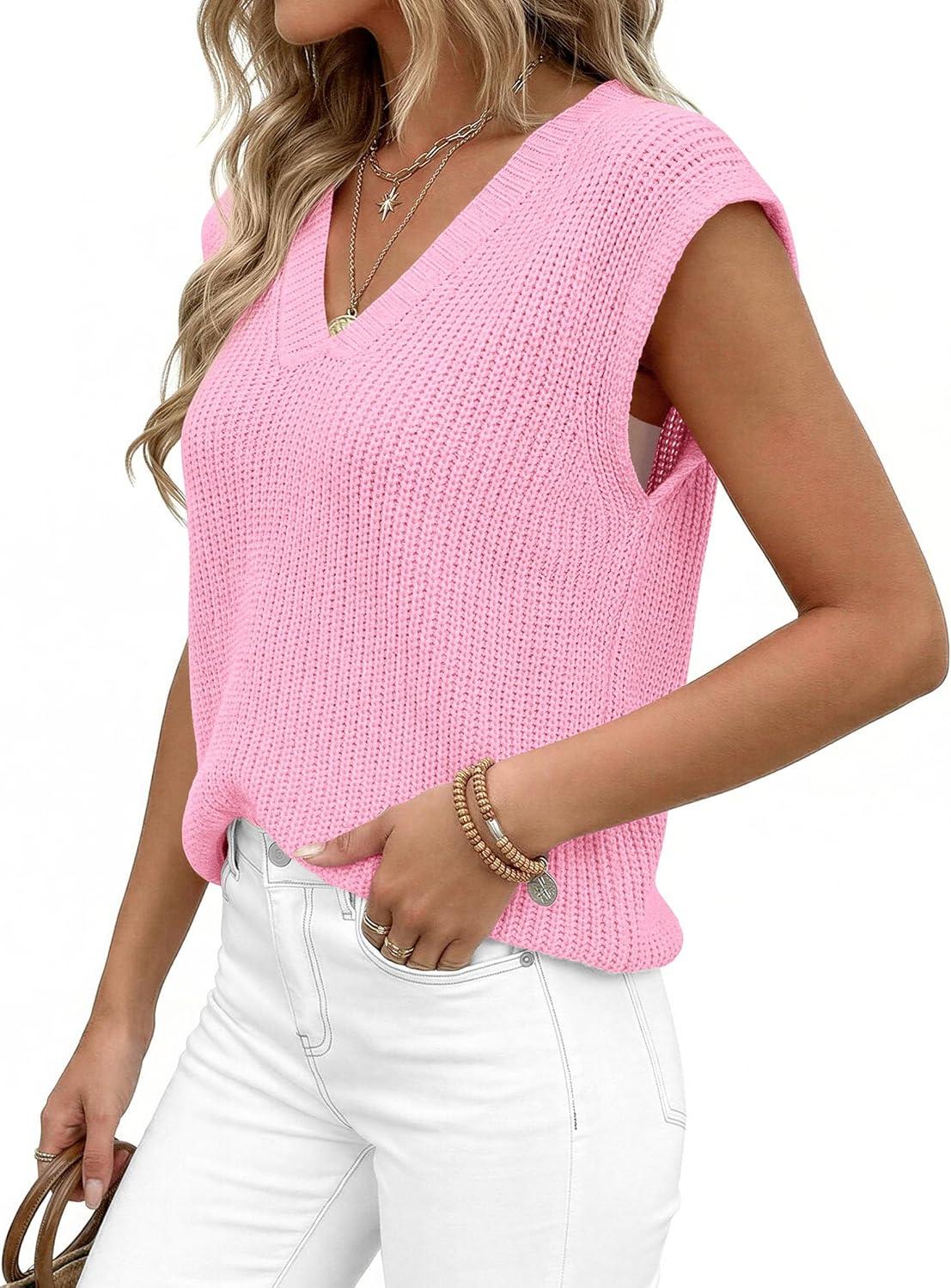 imagePRETTYGARDEN Womens 2026 Lightweight Sweaters Vest Spring Trendy Cap Sleeve V Neck Knit Tank Tops Summer Going Out OutfitsPink
