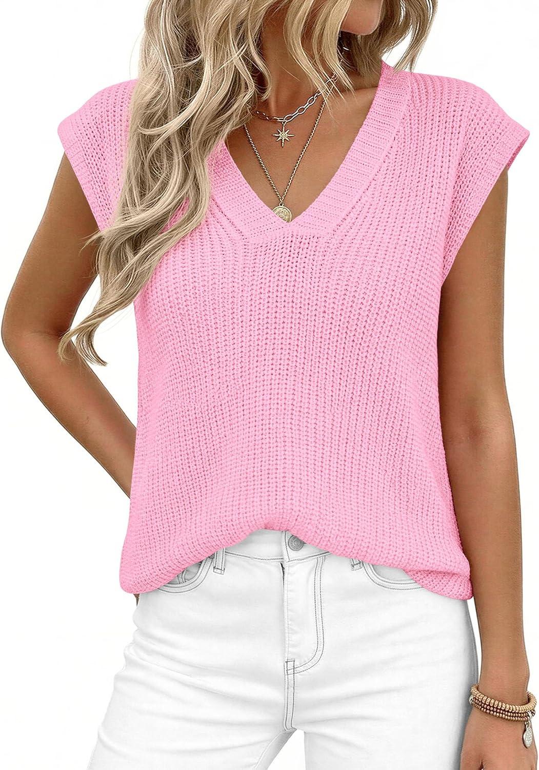 imagePRETTYGARDEN Womens 2026 Lightweight Sweaters Vest Spring Trendy Cap Sleeve V Neck Knit Tank Tops Summer Going Out OutfitsPink