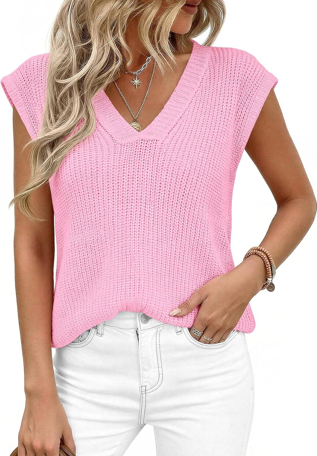 imagePRETTYGARDEN Womens 2026 Lightweight Sweaters Vest Spring Trendy Cap Sleeve V Neck Knit Tank Tops Summer Going Out OutfitsPink