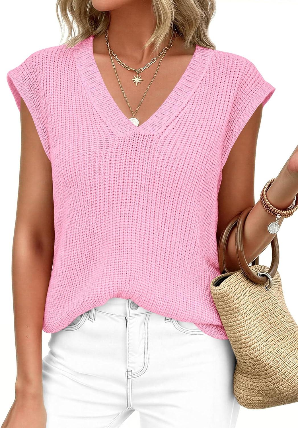 imagePRETTYGARDEN Womens 2026 Lightweight Sweaters Vest Spring Trendy Cap Sleeve V Neck Knit Tank Tops Summer Going Out OutfitsPink