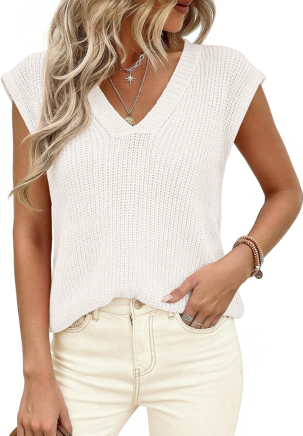 imagePRETTYGARDEN Womens 2026 Lightweight Sweaters Vest Spring Trendy Cap Sleeve V Neck Knit Tank Tops Summer Going Out OutfitsWhite