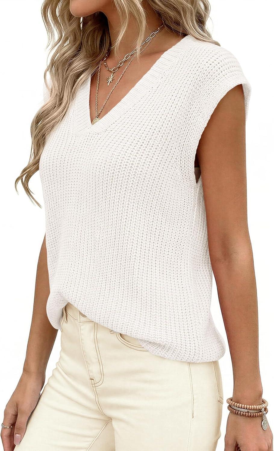 imagePRETTYGARDEN Womens 2026 Lightweight Sweaters Vest Spring Trendy Cap Sleeve V Neck Knit Tank Tops Summer Going Out OutfitsWhite