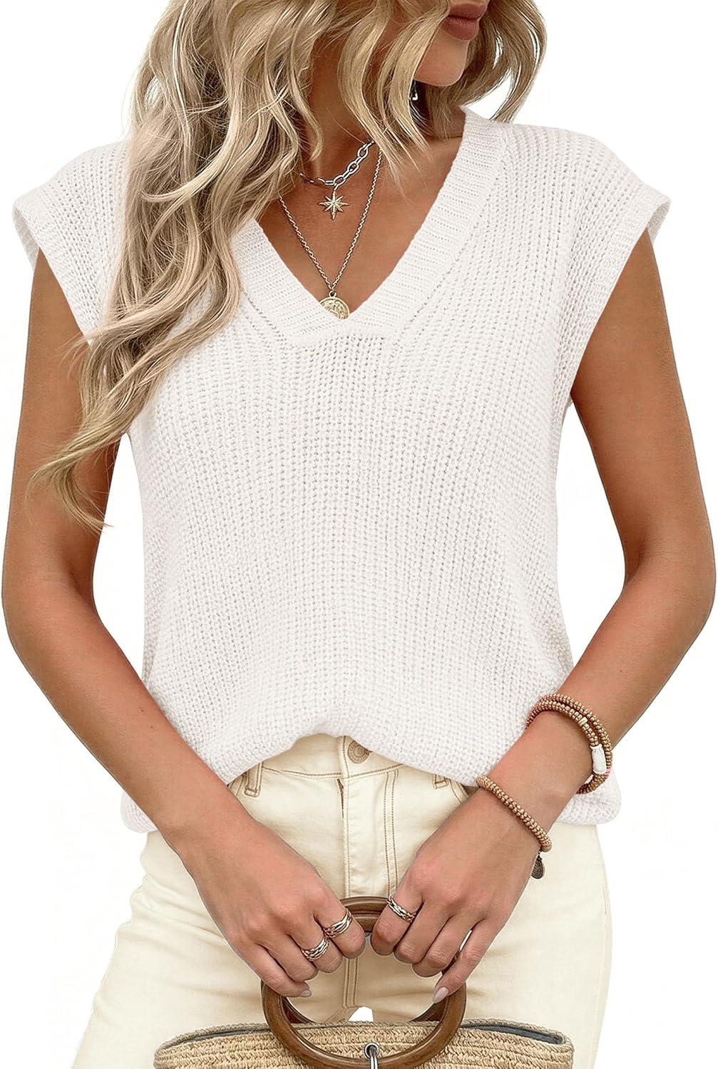 imagePRETTYGARDEN Womens 2026 Lightweight Sweaters Vest Spring Trendy Cap Sleeve V Neck Knit Tank Tops Summer Going Out OutfitsWhite