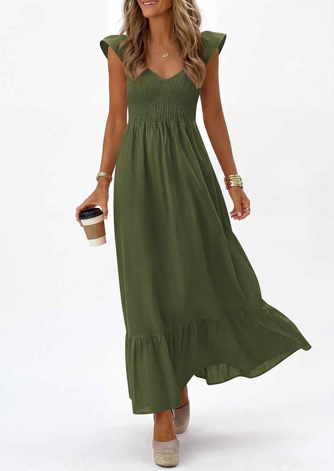 imagePRETTYGARDEN Womens 2026 Summer Casual Maxi Dresses Cap Sleeve V Neck Smocked Long Pockets Party Sundress Vacation OutfitsArmy Green