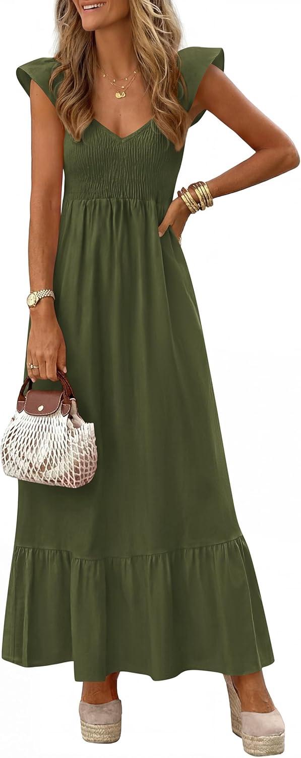 imagePRETTYGARDEN Womens 2026 Summer Casual Maxi Dresses Cap Sleeve V Neck Smocked Long Pockets Party Sundress Vacation OutfitsArmy Green
