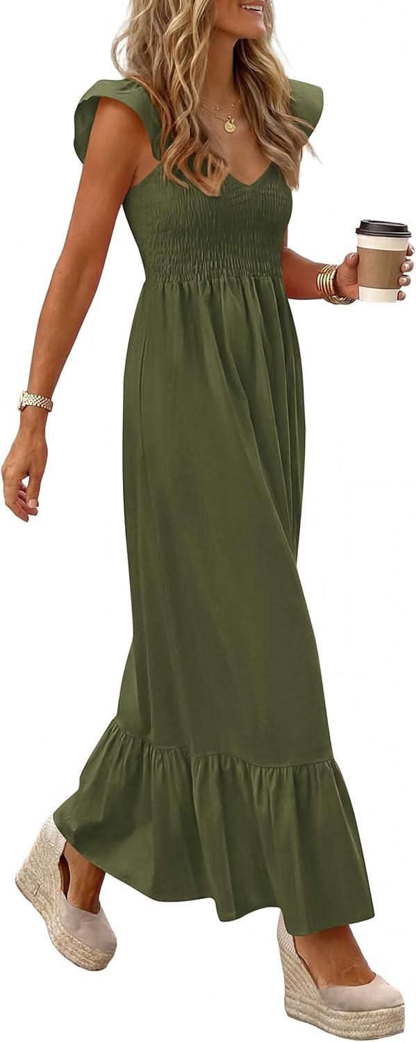 imagePRETTYGARDEN Womens 2026 Summer Casual Maxi Dresses Cap Sleeve V Neck Smocked Long Pockets Party Sundress Vacation OutfitsArmy Green