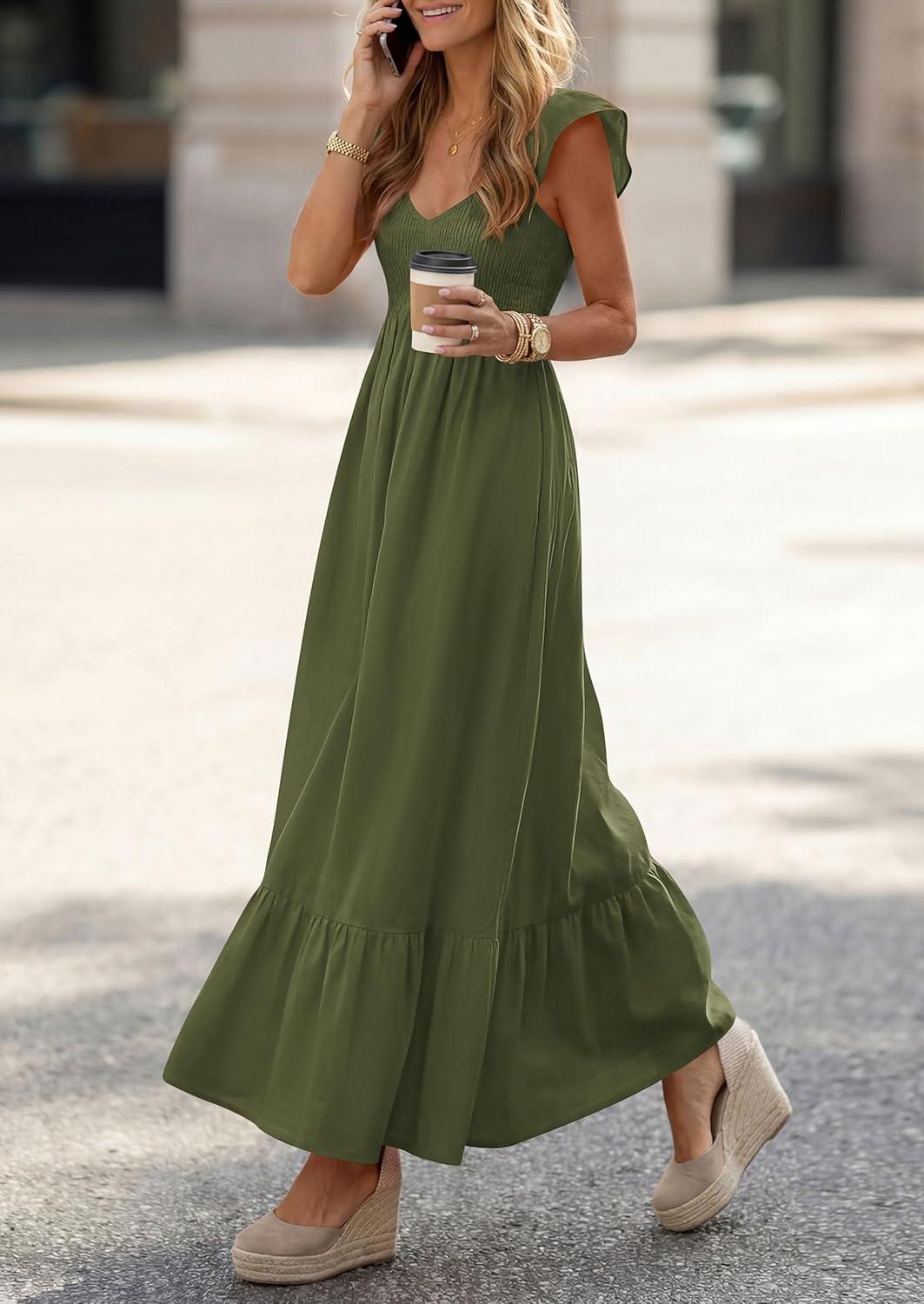 imagePRETTYGARDEN Womens 2026 Summer Casual Maxi Dresses Cap Sleeve V Neck Smocked Long Pockets Party Sundress Vacation OutfitsArmy Green