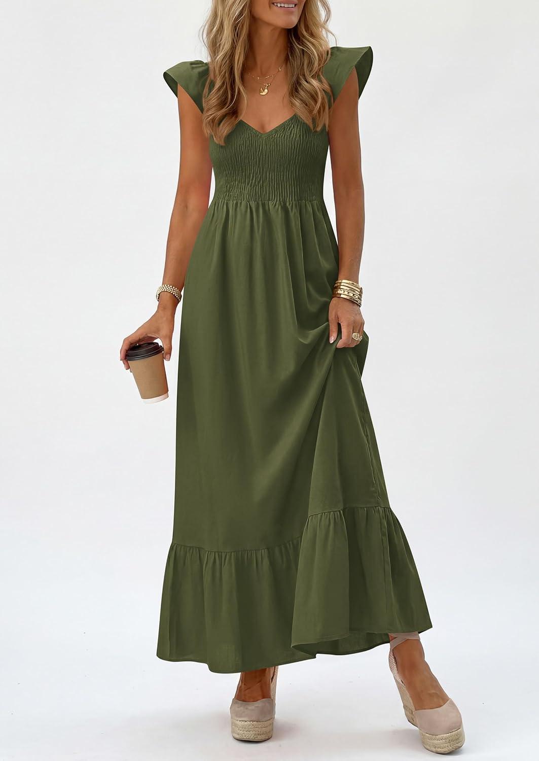 imagePRETTYGARDEN Womens 2026 Summer Casual Maxi Dresses Cap Sleeve V Neck Smocked Long Pockets Party Sundress Vacation OutfitsArmy Green