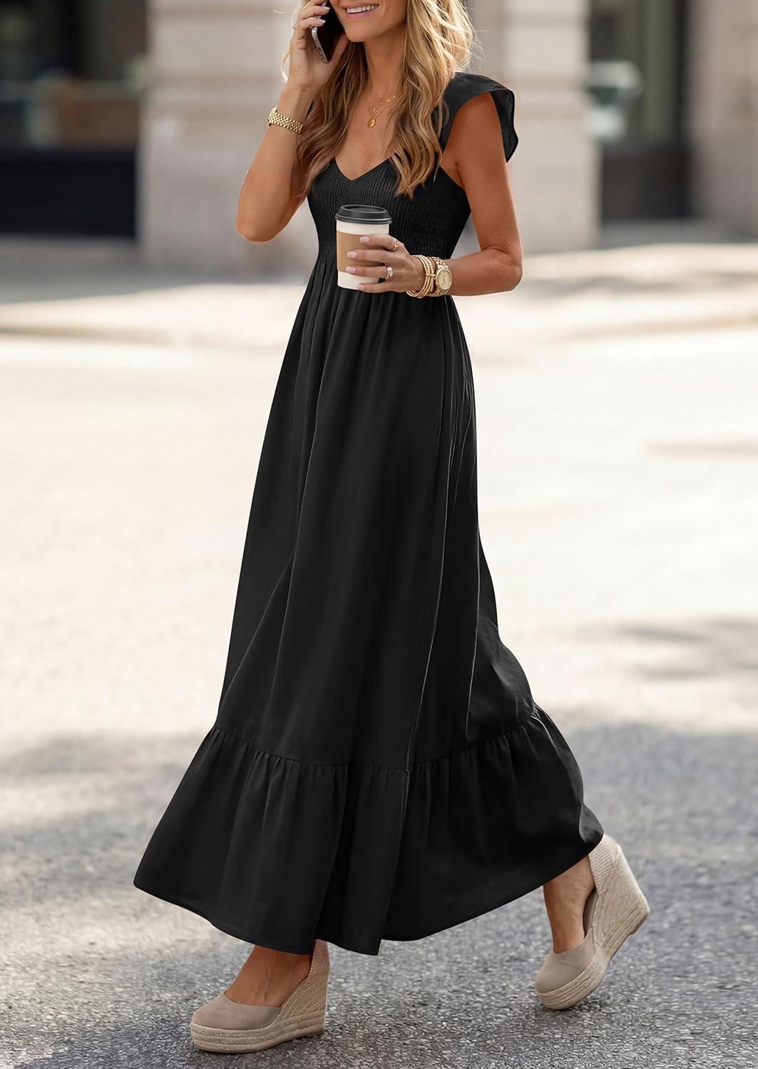 imagePRETTYGARDEN Womens 2026 Summer Casual Maxi Dresses Cap Sleeve V Neck Smocked Long Pockets Party Sundress Vacation OutfitsBlack