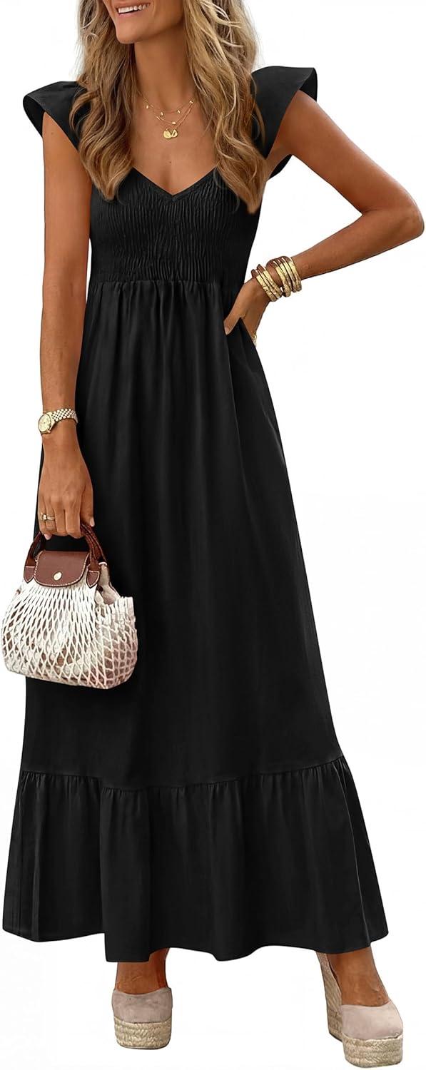 imagePRETTYGARDEN Womens 2026 Summer Casual Maxi Dresses Cap Sleeve V Neck Smocked Long Pockets Party Sundress Vacation OutfitsBlack