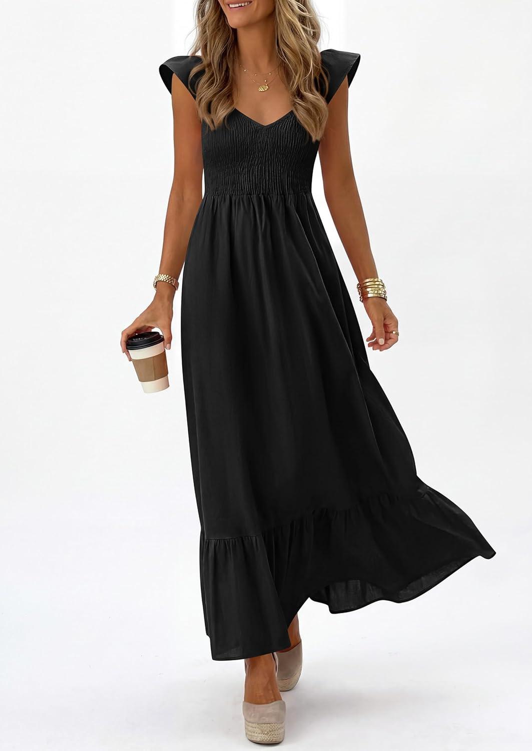 imagePRETTYGARDEN Womens 2026 Summer Casual Maxi Dresses Cap Sleeve V Neck Smocked Long Pockets Party Sundress Vacation OutfitsBlack