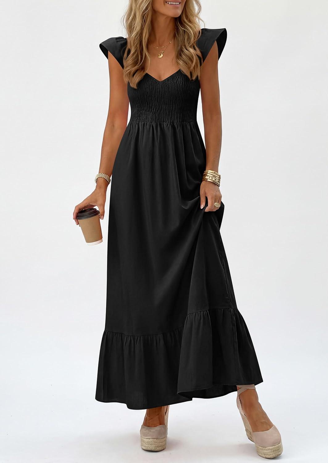 imagePRETTYGARDEN Womens 2026 Summer Casual Maxi Dresses Cap Sleeve V Neck Smocked Long Pockets Party Sundress Vacation OutfitsBlack