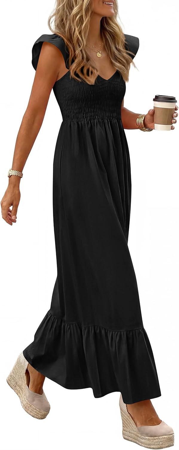 imagePRETTYGARDEN Womens 2026 Summer Casual Maxi Dresses Cap Sleeve V Neck Smocked Long Pockets Party Sundress Vacation OutfitsBlack