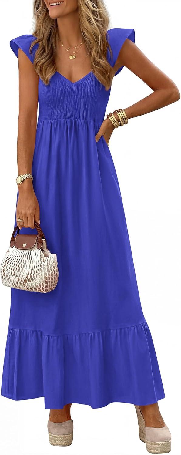 imagePRETTYGARDEN Womens 2026 Summer Casual Maxi Dresses Cap Sleeve V Neck Smocked Long Pockets Party Sundress Vacation OutfitsBlue