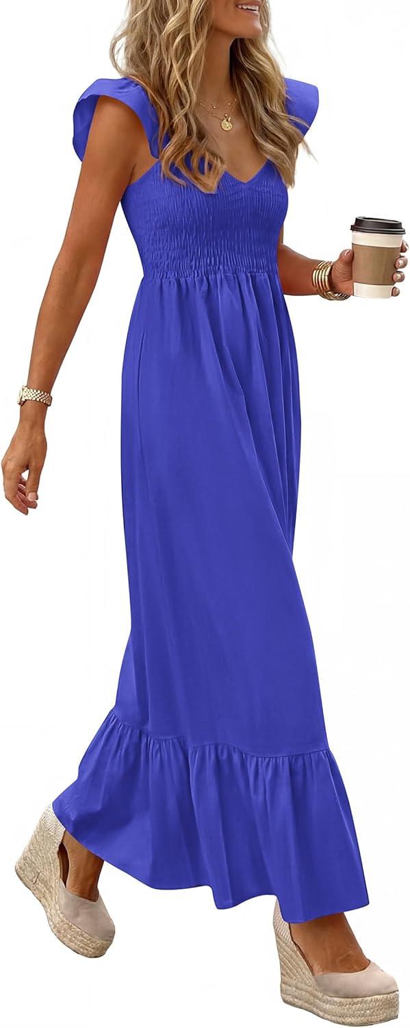 imagePRETTYGARDEN Womens 2026 Summer Casual Maxi Dresses Cap Sleeve V Neck Smocked Long Pockets Party Sundress Vacation OutfitsBlue