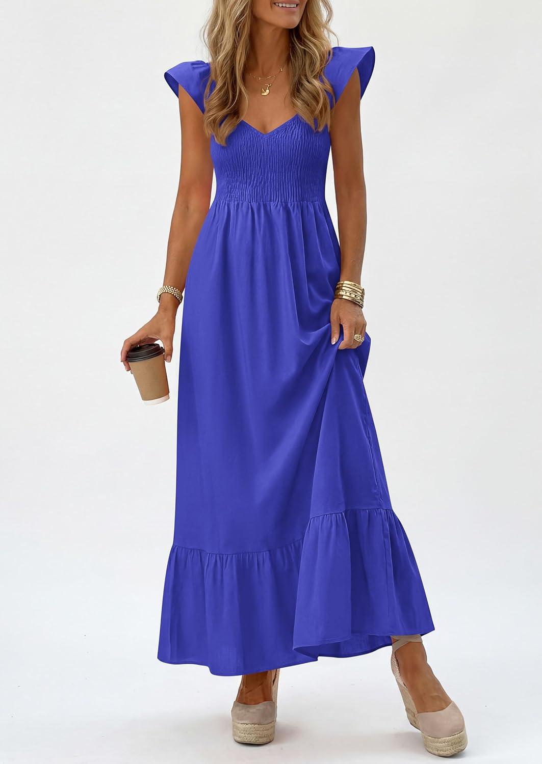imagePRETTYGARDEN Womens 2026 Summer Casual Maxi Dresses Cap Sleeve V Neck Smocked Long Pockets Party Sundress Vacation OutfitsBlue