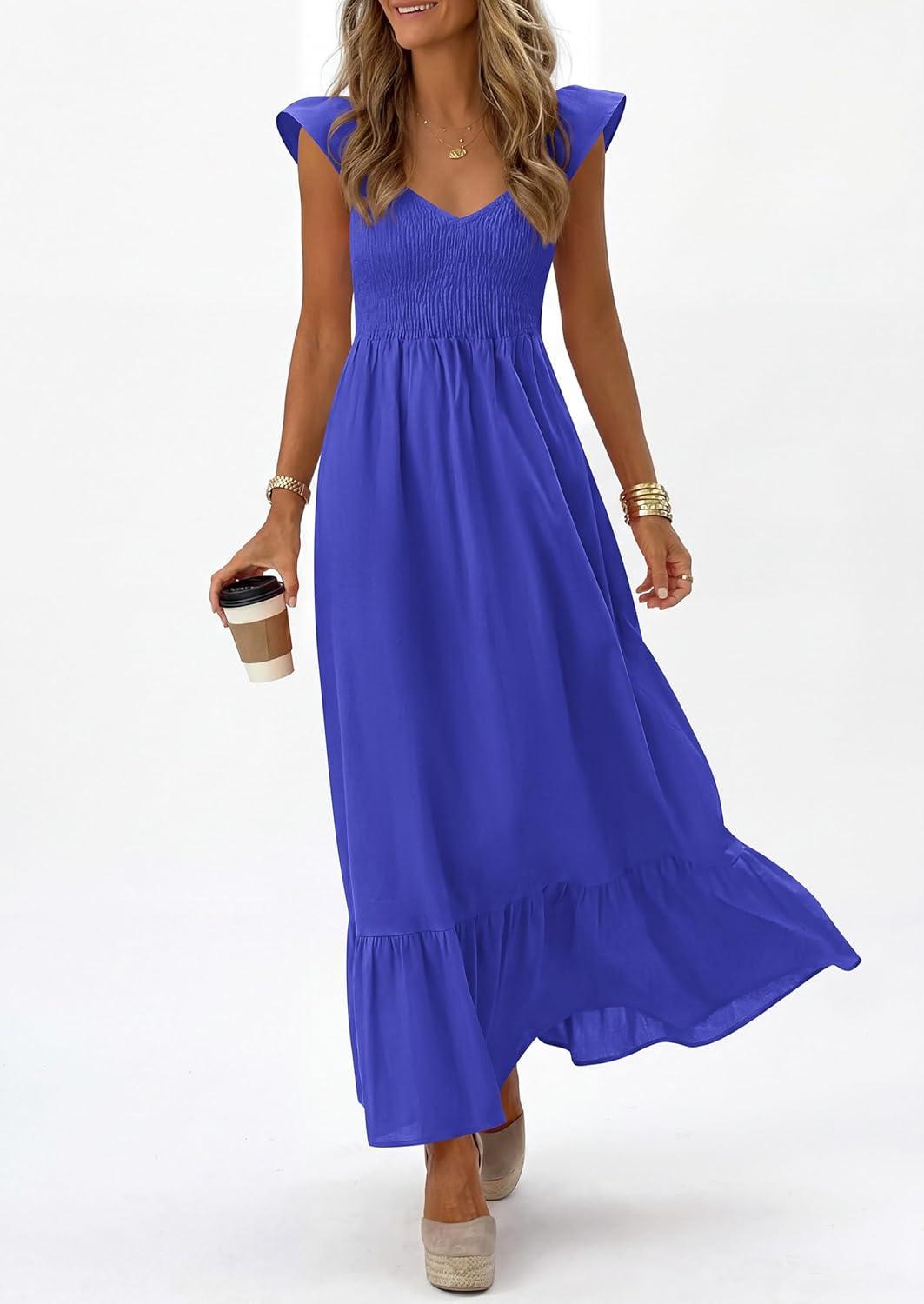 imagePRETTYGARDEN Womens 2026 Summer Casual Maxi Dresses Cap Sleeve V Neck Smocked Long Pockets Party Sundress Vacation OutfitsBlue