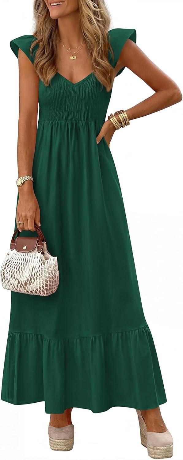 imagePRETTYGARDEN Womens 2026 Summer Casual Maxi Dresses Cap Sleeve V Neck Smocked Long Pockets Party Sundress Vacation OutfitsGreen