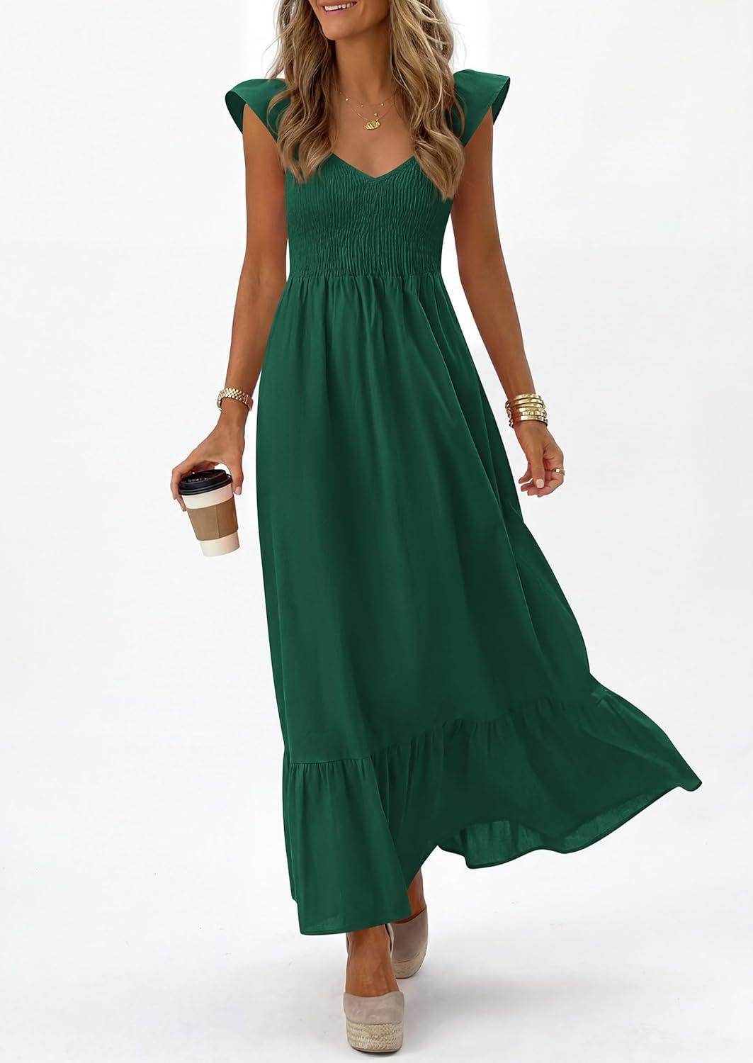 imagePRETTYGARDEN Womens 2026 Summer Casual Maxi Dresses Cap Sleeve V Neck Smocked Long Pockets Party Sundress Vacation OutfitsGreen