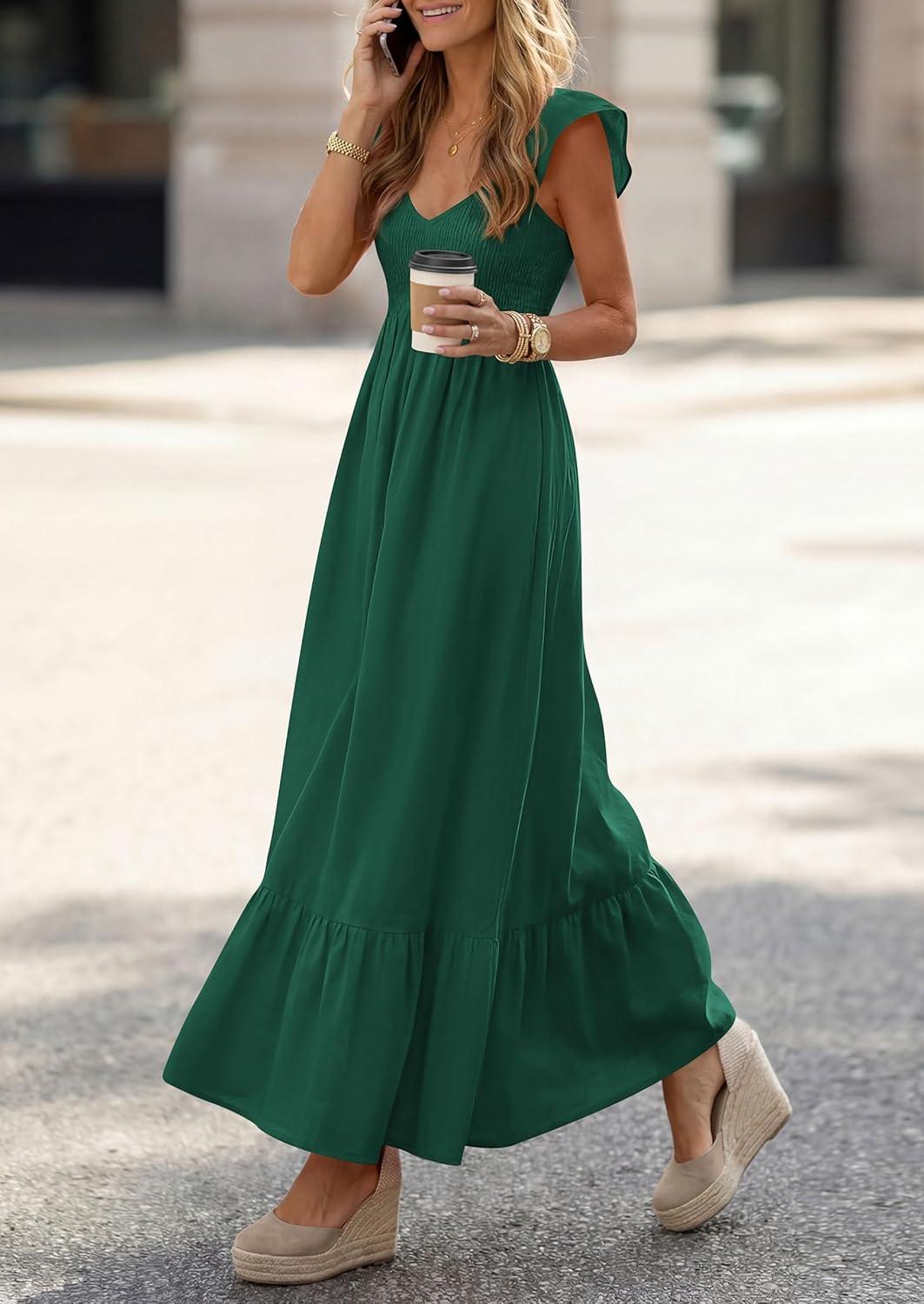 imagePRETTYGARDEN Womens 2026 Summer Casual Maxi Dresses Cap Sleeve V Neck Smocked Long Pockets Party Sundress Vacation OutfitsGreen