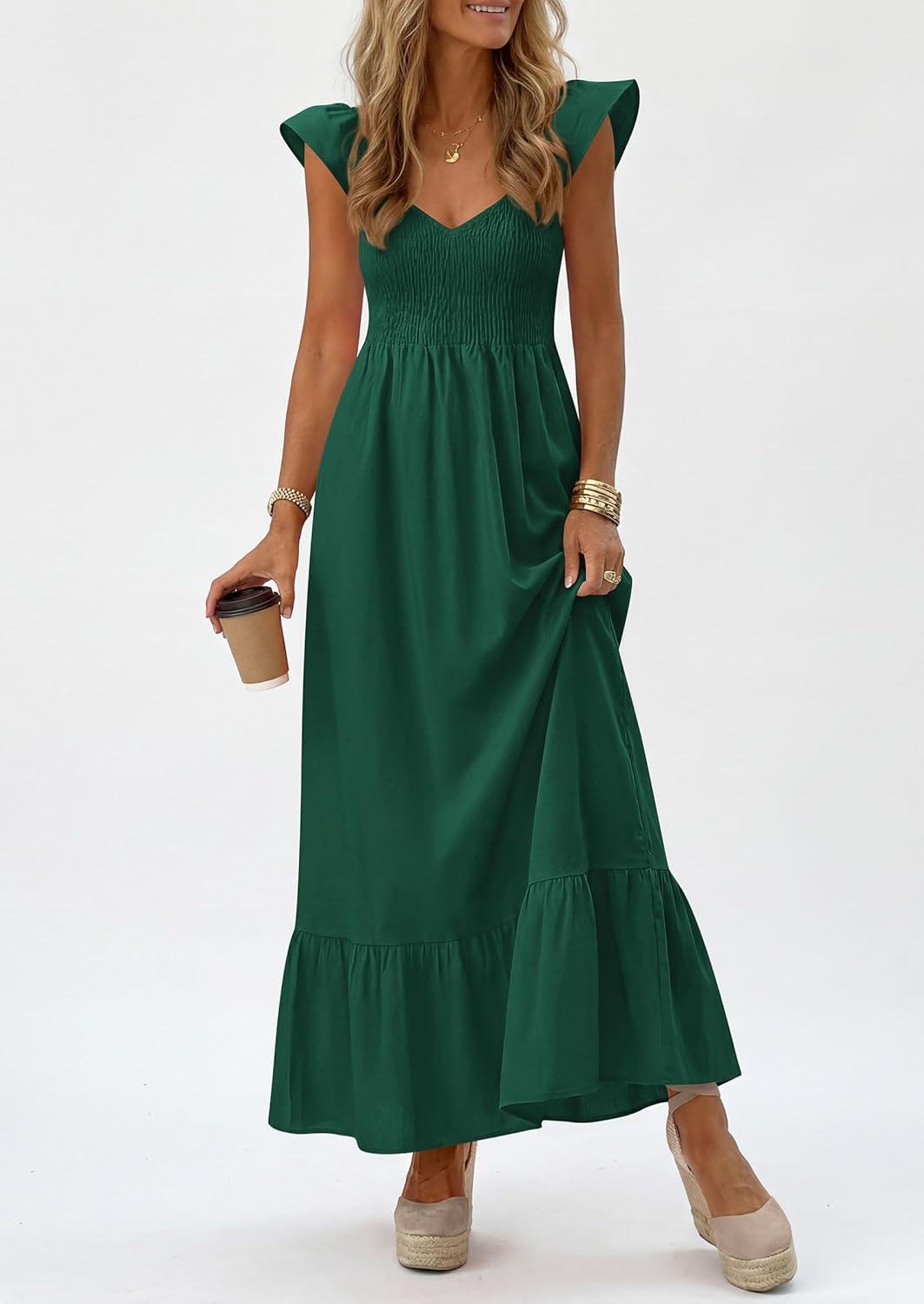 imagePRETTYGARDEN Womens 2026 Summer Casual Maxi Dresses Cap Sleeve V Neck Smocked Long Pockets Party Sundress Vacation OutfitsGreen