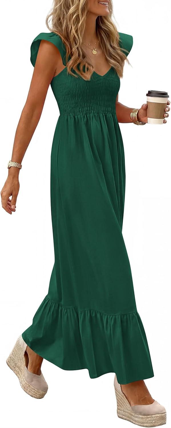 imagePRETTYGARDEN Womens 2026 Summer Casual Maxi Dresses Cap Sleeve V Neck Smocked Long Pockets Party Sundress Vacation OutfitsGreen